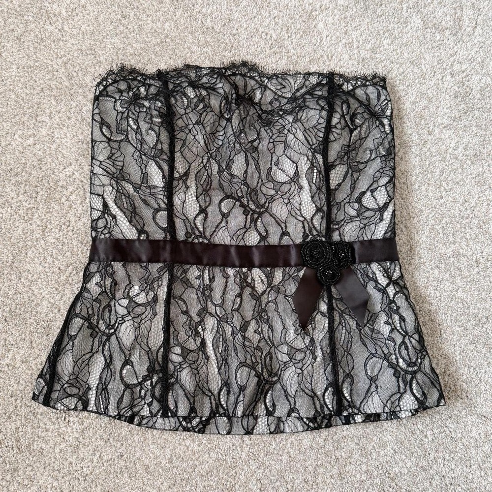 Y2K Black Beaded Lace Gothic Corset Top Size 8